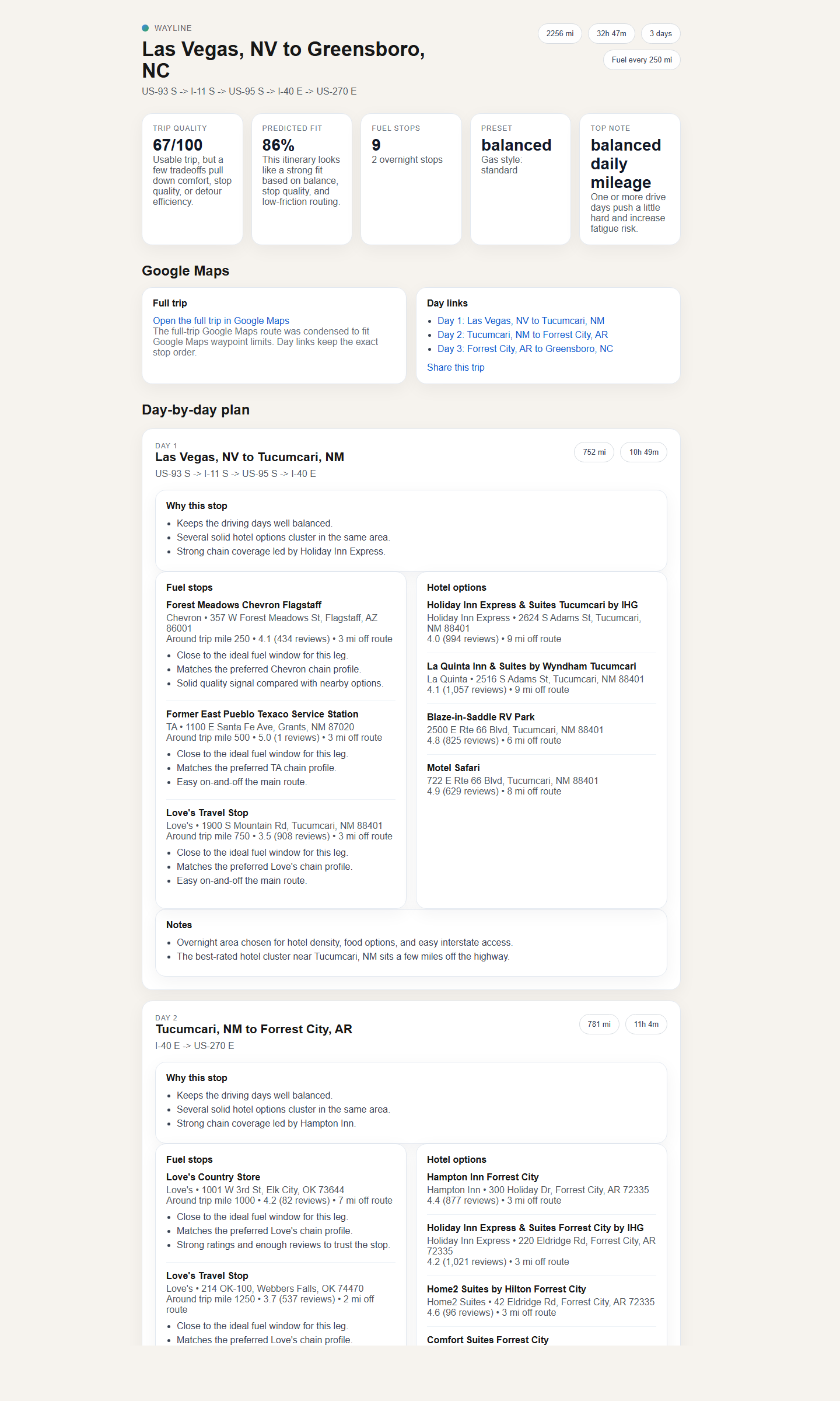 Wayline road trip planning interface